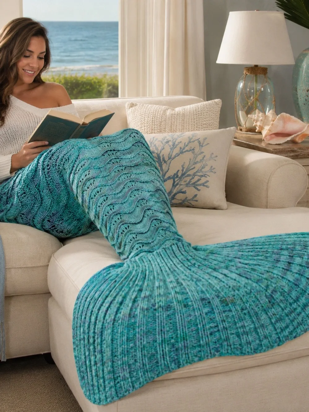NWOT Adult Mermaid Tail Blanket Aqua Teal Knit Cozy Cocoon Throw Gift
